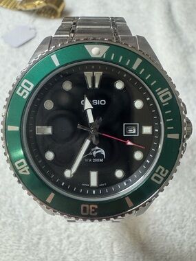 Casio Men's Green Bezel Black Dial Stainless Steel Watch